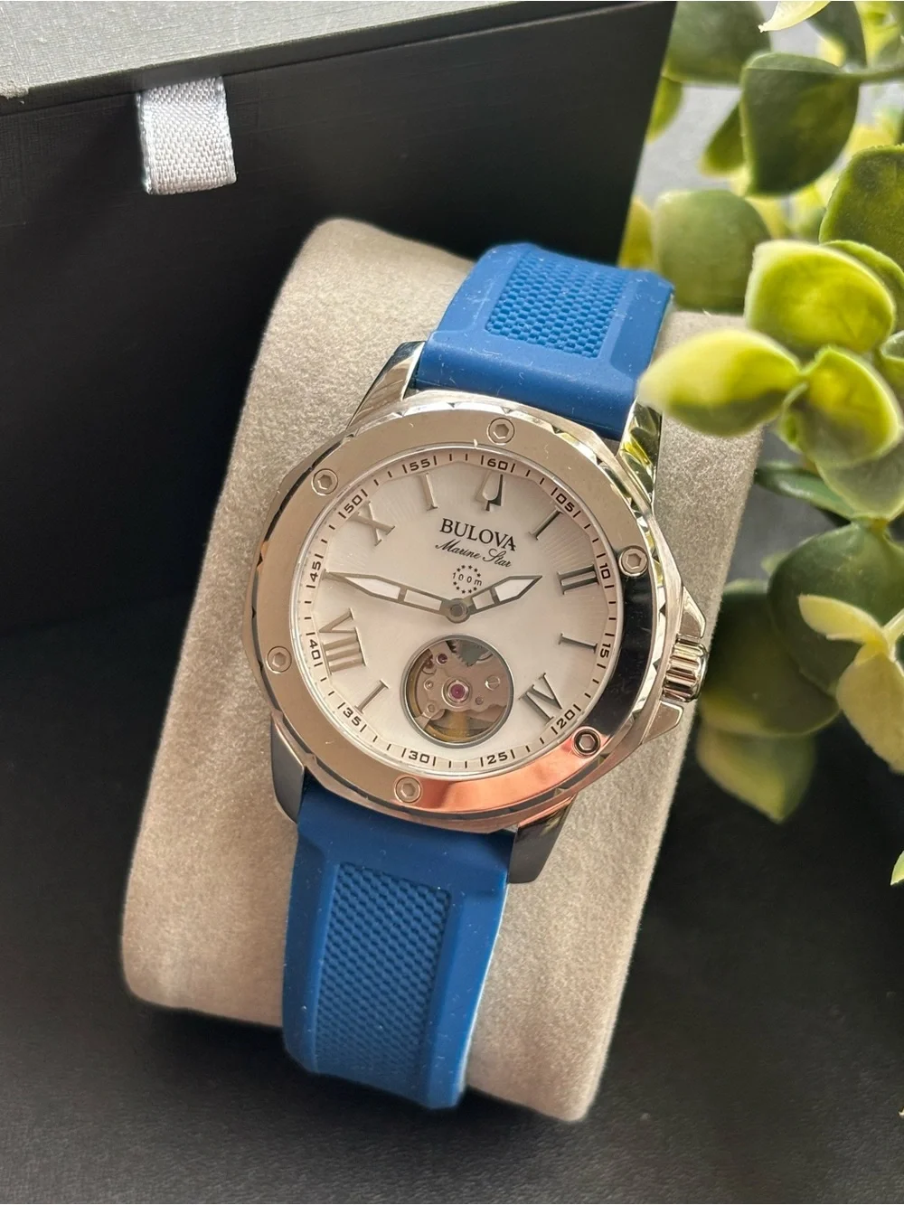 Bulova Silver Case Watch with Blue Strap
